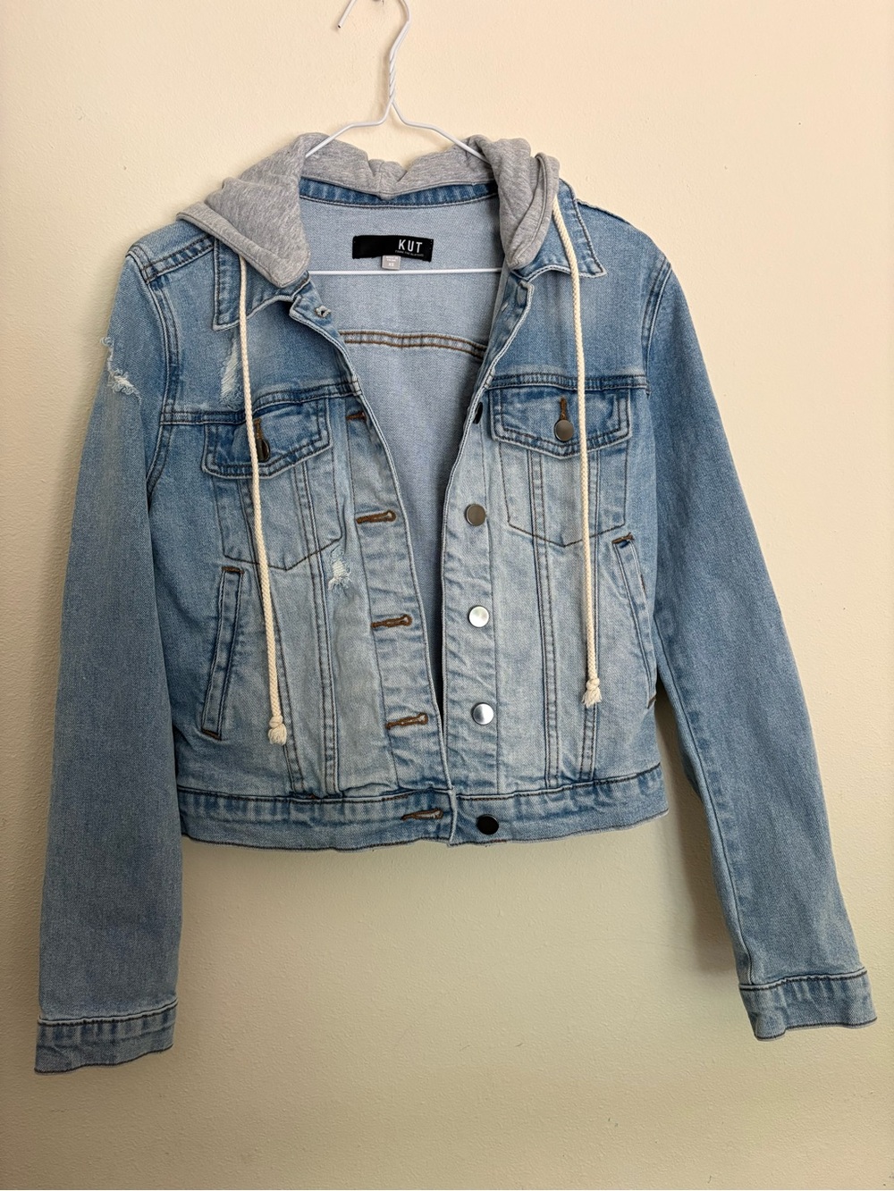Kut from the Kloth Light Wash Distressed Denim Jacket with Detachable Gray Hood